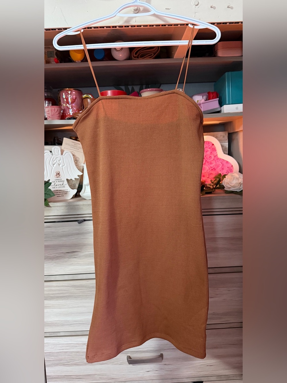 Love J Ribbed Spaghetti Strap Dress - Rust Brown- Large